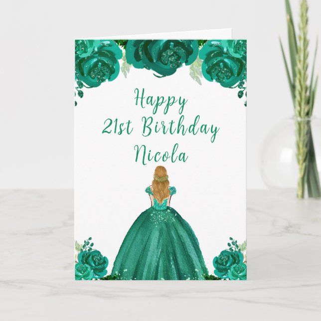 Blonde Hair Princess Green Floral Birthday Party Card (Front)