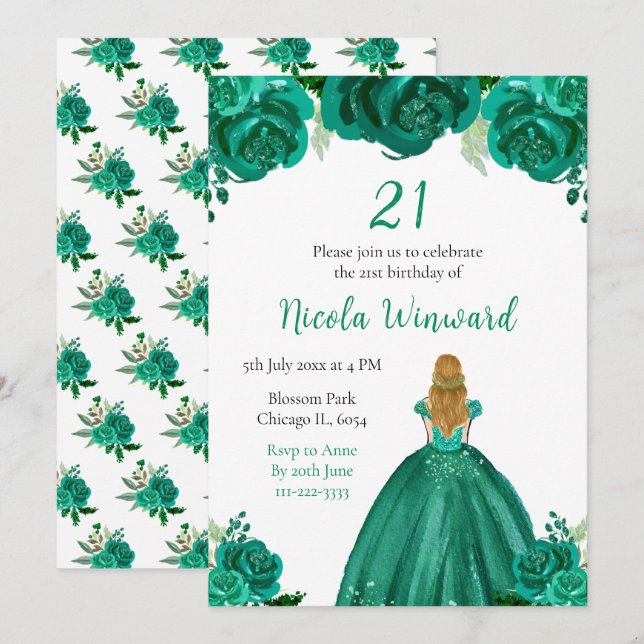 Blonde Hair Princess Green Floral Birthday Party Invitation (Front/Back)