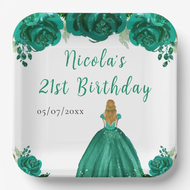 Blonde Hair Princess Green Floral Birthday Party Paper Plate (Front)