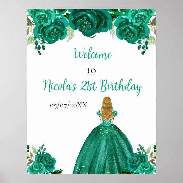 Blonde Hair Princess Green Floral Birthday Welcome Poster (Front)