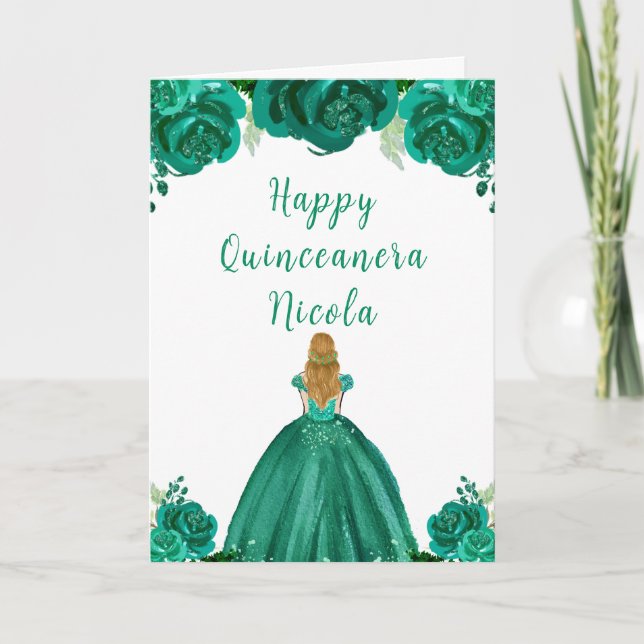 Blonde Hair Princess Green Floral Quinceanera Card (Front)