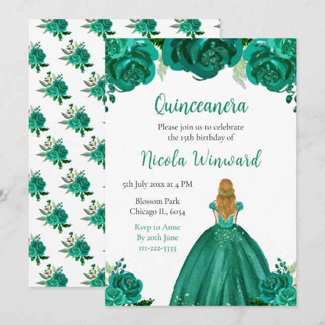 Blonde Hair Princess Green Floral Quinceanera Invitation (Front/Back)