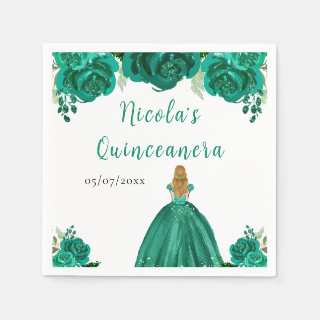 Blonde Hair Princess Green Floral Quinceanera Napkin (Front)