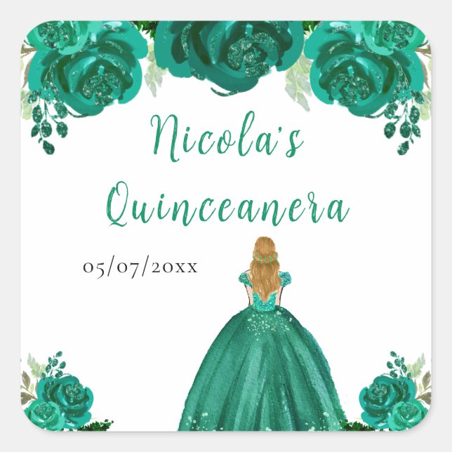 Blonde Hair Princess Green Floral Quinceanera Square Sticker (Front)