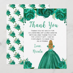 Blonde Hair Princess Green Floral Quinceanera Thank You Card