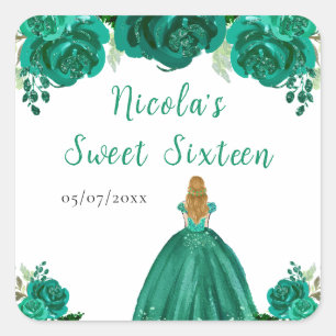 Blonde Hair Princess Green Floral Sweet Sixteen  Square Sticker