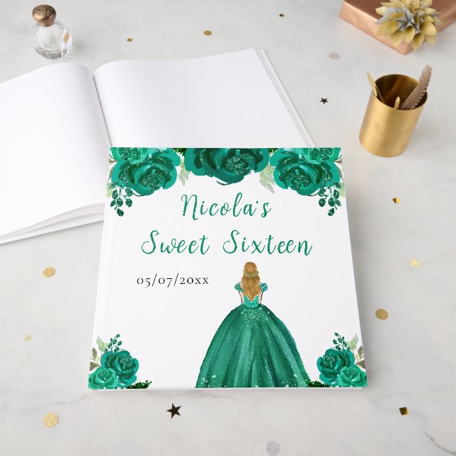 Blonde Hair Princess Green Sweet 16 Guest Book (Front Open)