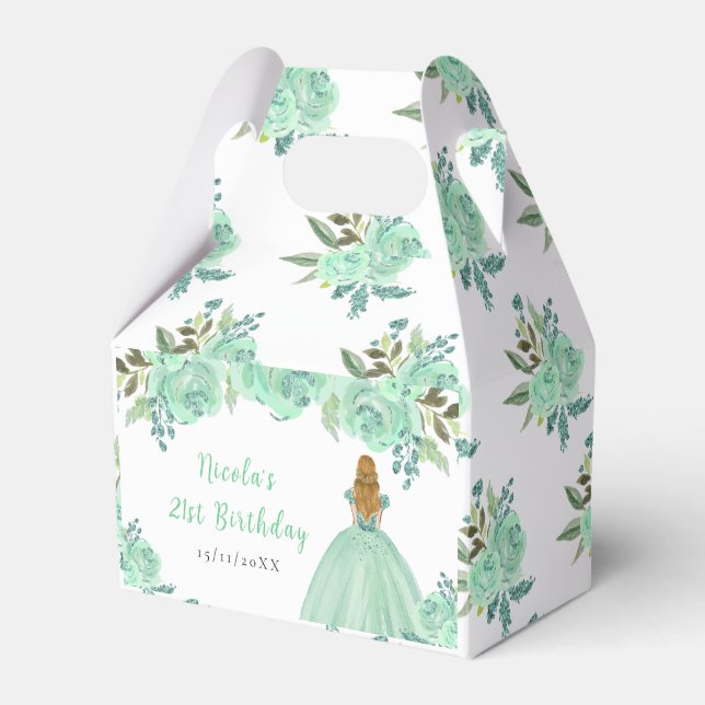 Blonde Hair Princess Mint Floral Birthday Party Favour Box (Front Side)