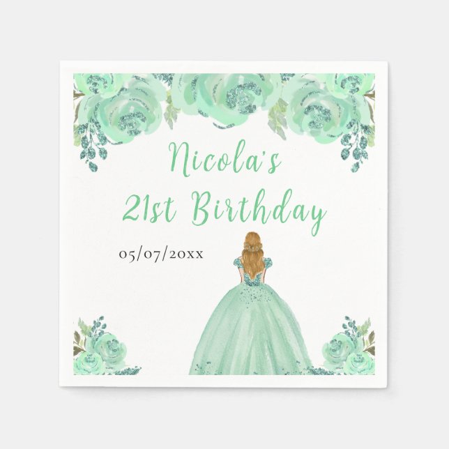 Blonde Hair Princess Mint Floral Birthday Party Napkin (Front)
