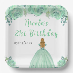 Blonde Hair Princess Mint Floral Birthday Party Paper Plate