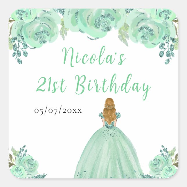 Blonde Hair Princess Mint Floral Birthday Party Square Sticker (Front)