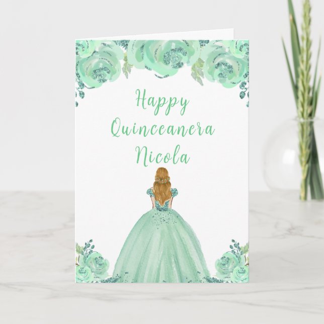 Blonde Hair Princess Mint Floral Quinceanera Card (Front)