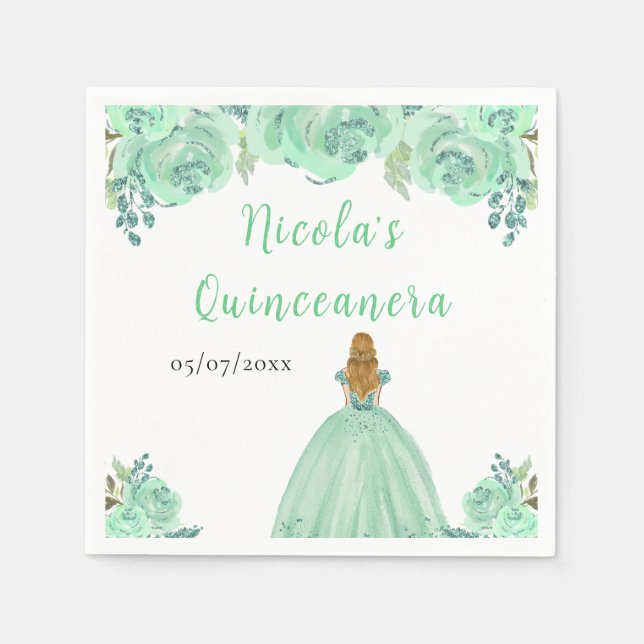 Blonde Hair Princess Mint Floral Quinceanera Napkin (Front)