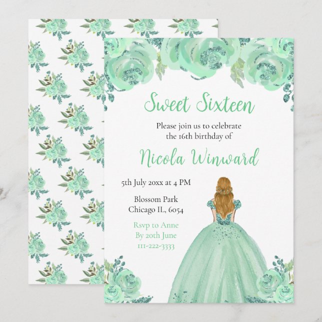 Blonde Hair Princess Mint Floral Sweet Sixteen Invitation (Front/Back)