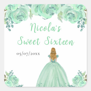 Blonde Hair Princess Mint Floral Sweet Sixteen Square Sticker