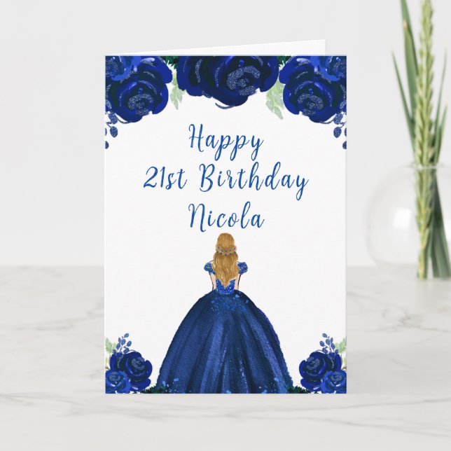 Blonde Hair Princess Navy Floral Birthday Party Card (Front)