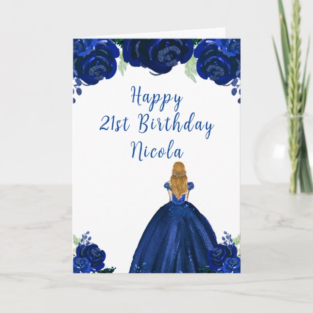 Blonde Hair Princess Navy Floral Birthday Party Card (Front)