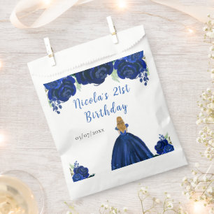 Blonde Hair Princess Navy Floral Birthday Party Favour Bags