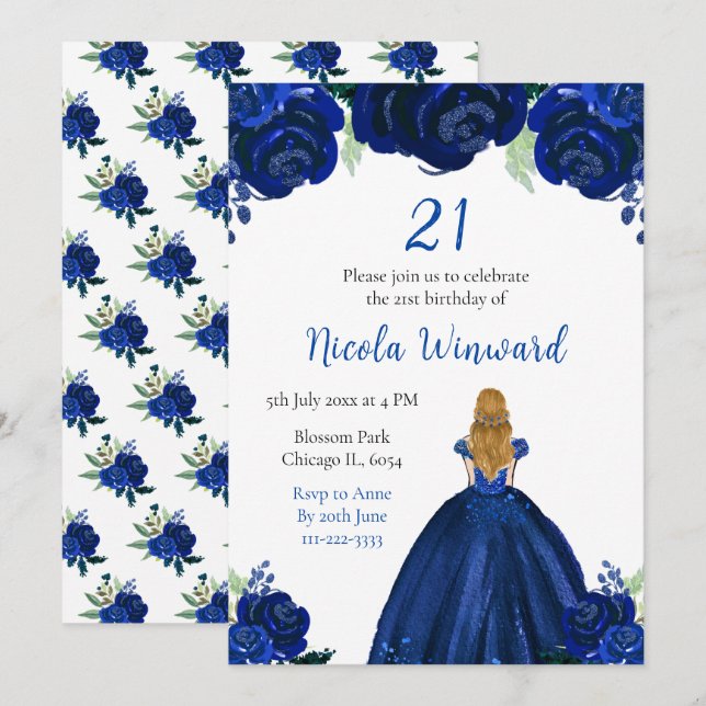 Blonde Hair Princess Navy Floral Birthday Party Invitation (Front/Back)