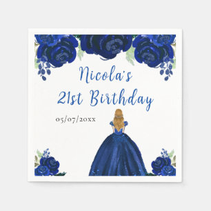 Blonde Hair Princess Navy Floral Birthday Party Napkin