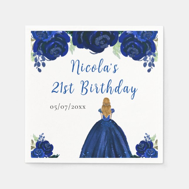 Blonde Hair Princess Navy Floral Birthday Party Napkin (Front)
