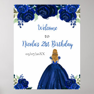 Blonde Hair Princess Navy Floral Birthday Welcome Poster