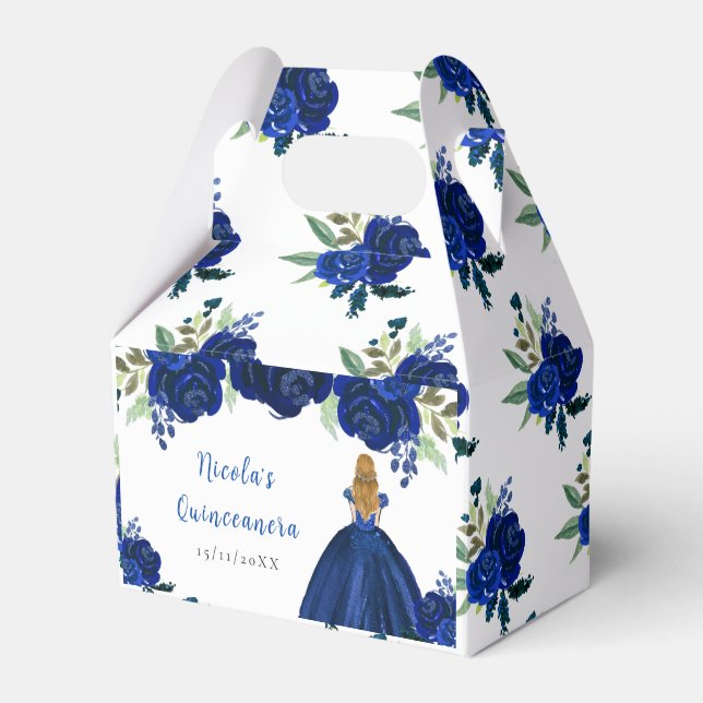 Blonde Hair Princess Navy Floral Quinceanera Favour Box (Front Side)
