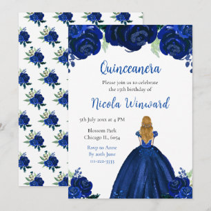Blonde Hair Princess Navy Floral Quinceanera Invitation