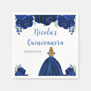 Blonde Hair Princess Navy Floral Quinceanera Napkin