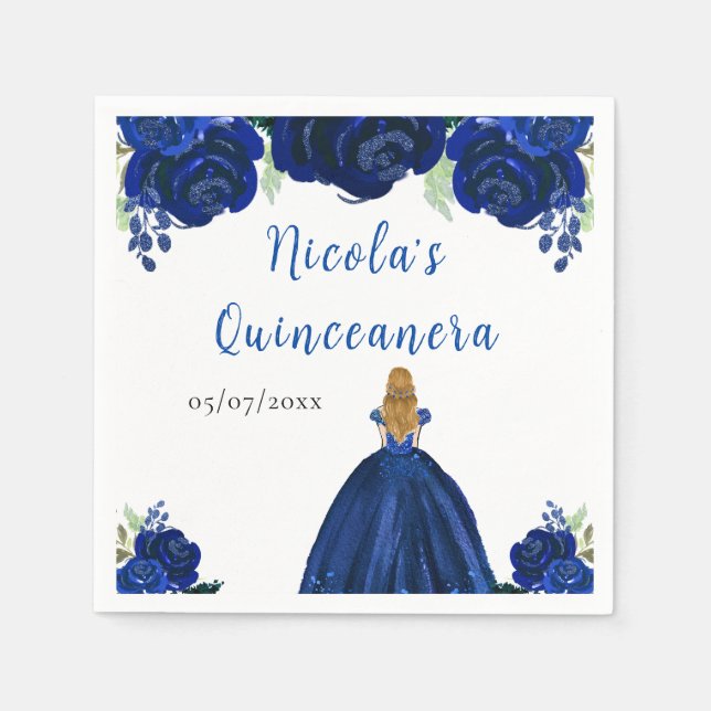 Blonde Hair Princess Navy Floral Quinceanera Napkin (Front)