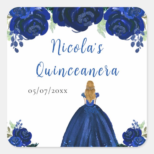 Blonde Hair Princess Navy Floral Quinceanera Square Sticker (Front)