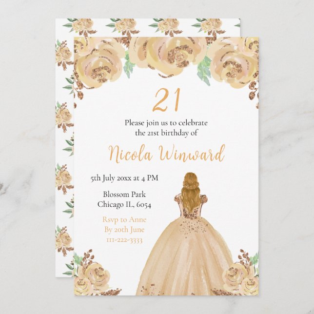 Blonde Hair Princess Peach Floral Birthday Party Invitation (Front/Back)