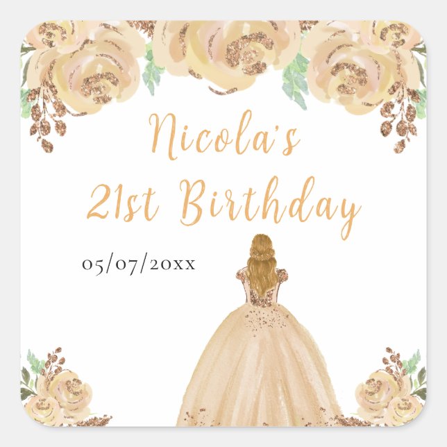 Blonde Hair Princess Peach Floral Birthday Party Square Sticker (Front)