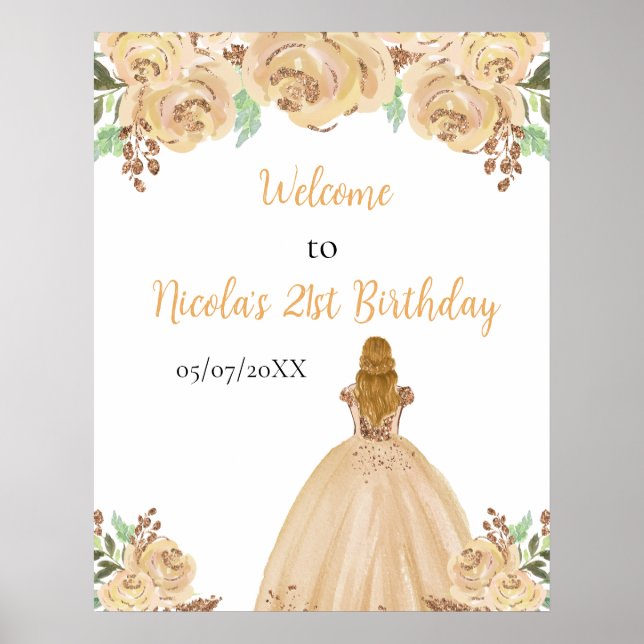 Blonde Hair Princess Peach Floral Birthday Welcome Poster (Front)