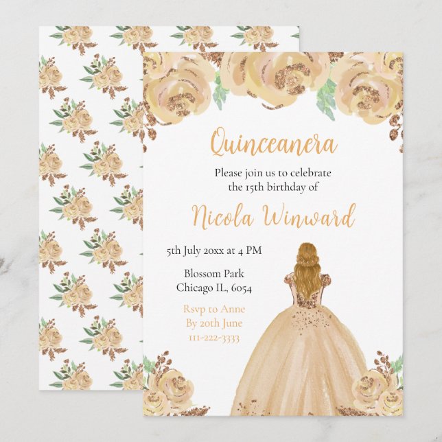 Blonde Hair Princess Peach Floral Quinceanera Invitation (Front/Back)