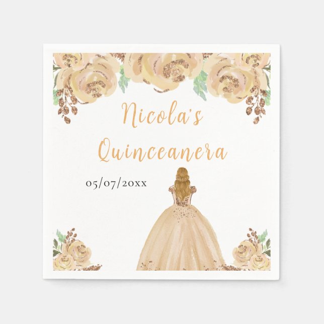 Blonde Hair Princess Peach Floral Quinceanera Napkin (Front)