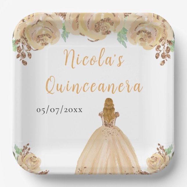 Blonde Hair Princess Peach Floral Quinceanera Paper Plate (Front)