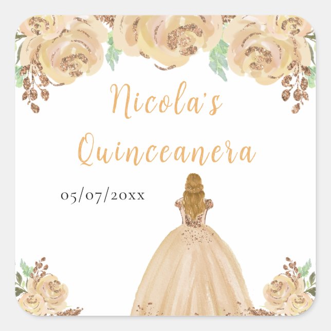 Blonde Hair Princess Peach Floral Quinceanera Square Sticker (Front)