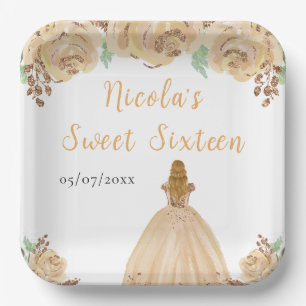 Blonde Hair Princess Peach Floral Sweet Sixteen Paper Plate