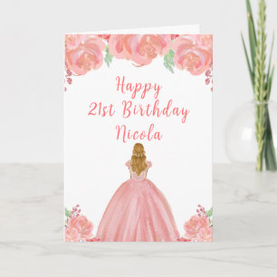 Blonde Hair Princess Pink Floral Birthday Party Card