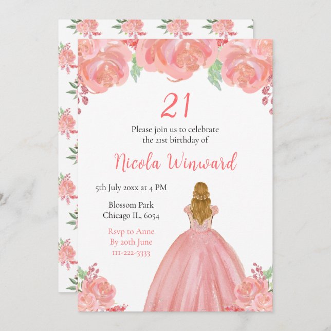 Blonde Hair Princess Pink Floral Birthday Party Invitation (Front/Back)