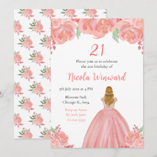 Blonde Hair Princess Pink Floral Birthday Party Invitation
