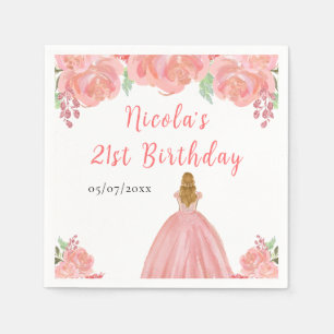 Blonde Hair Princess Pink Floral Birthday Party Napkin