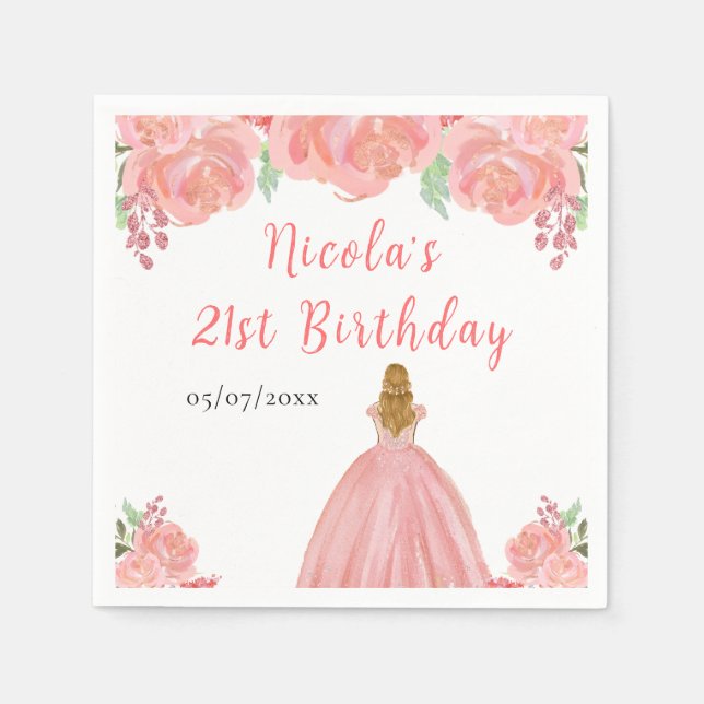 Blonde Hair Princess Pink Floral Birthday Party Napkin (Front)