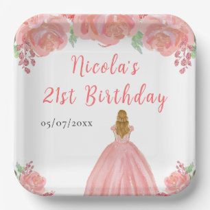 Blonde Hair Princess Pink Floral Birthday Party Paper Plate