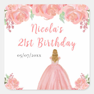 Blonde Hair Princess Pink Floral Birthday Party Square Sticker