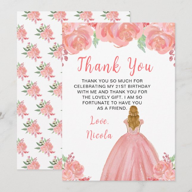 Blonde Hair Princess Pink Floral Birthday Party Thank You Card (Front/Back)