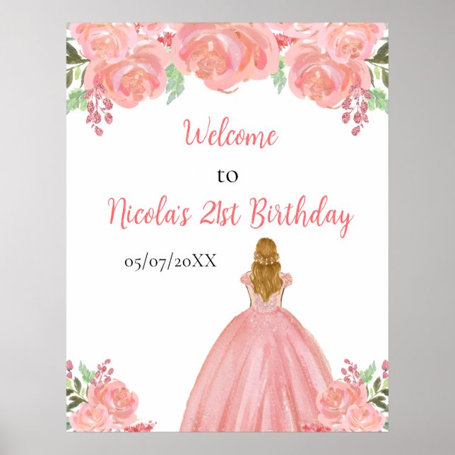 Blonde Hair Princess Pink Floral Birthday Welcome Poster (Front)