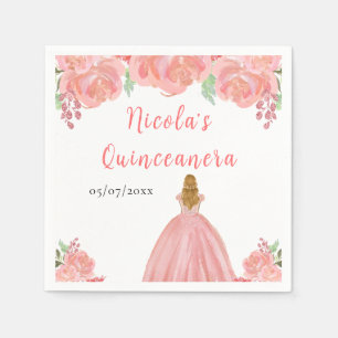 Blonde Hair Princess Pink Floral Quinceanera Napkin