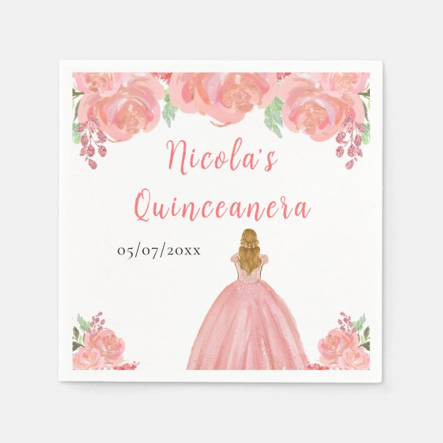 Blonde Hair Princess Pink Floral Quinceanera Napkin (Front)